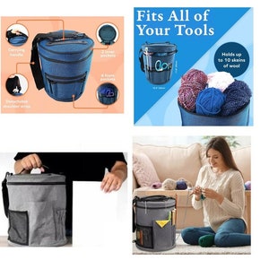 Puede incluir: Una bolsa de almacenamiento de hilo gris con asa de transporte, correa de hombro desmontable y m&uacute;ltiples bolsillos. La bolsa est&aacute; llena de hilo y agujas de tejer. El texto "Fits All of Your Tools" y "Holds up to 10 skeins of wool" es visible en la imagen.
