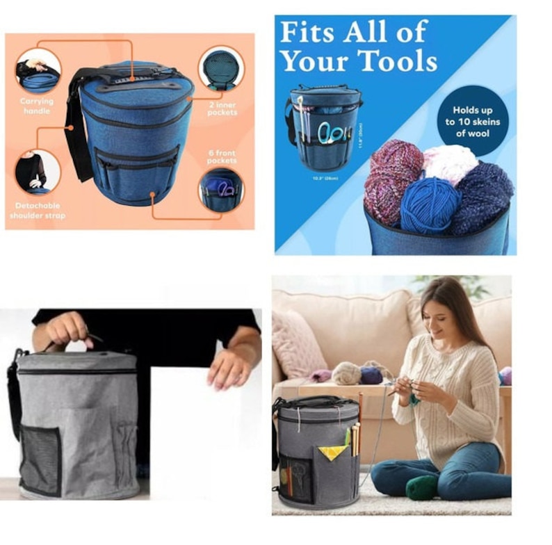 Puede incluir: Una bolsa de almacenamiento de hilo gris con asa de transporte, correa de hombro desmontable y m&uacute;ltiples bolsillos. La bolsa est&aacute; llena de hilo y agujas de tejer. El texto "Fits All of Your Tools" y "Holds up to 10 skeins of wool" es visible en la imagen.