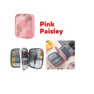 May include: Pink paisley needlepoint case with a zipper closure. The case is open to reveal a variety of knitting needles and crochet hooks. The case also has a ruler and a small pocket.