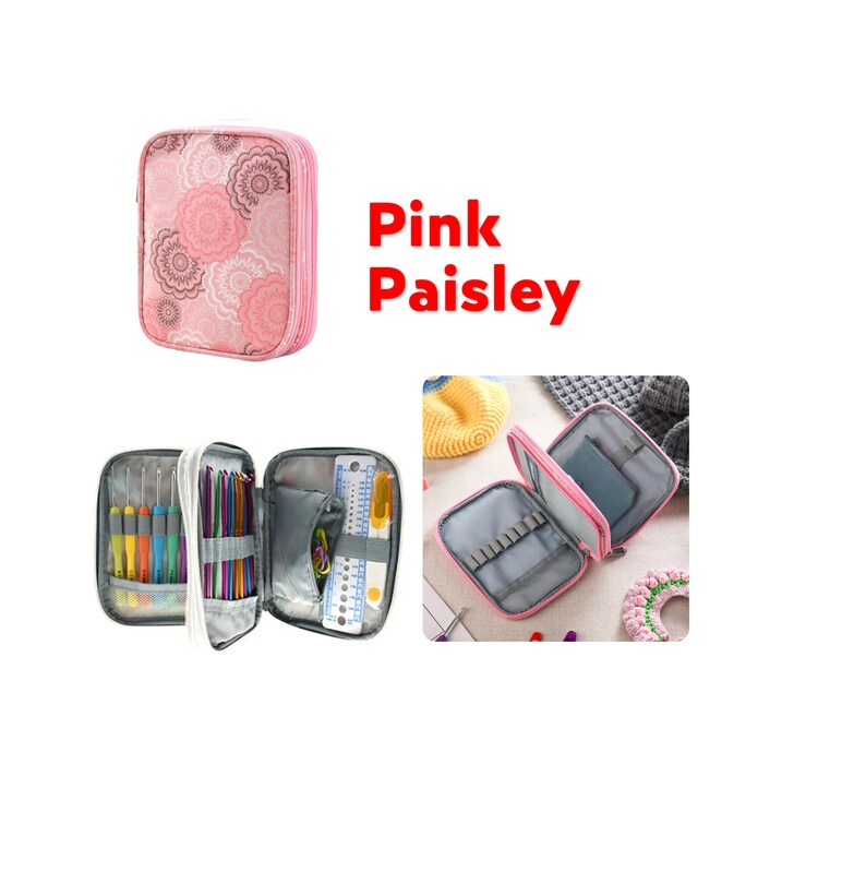 May include: Pink paisley needlepoint case with a zipper closure. The case is open to reveal a variety of knitting needles and crochet hooks. The case also has a ruler and a small pocket.