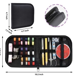 May include: Black zippered sewing kit containing a range of sewing supplies, such as needles, thread, buttons, and a measuring tape. The kit measures 4.7 inches by 4.7 inches by 1.2 inches and 10.2 inches when open.