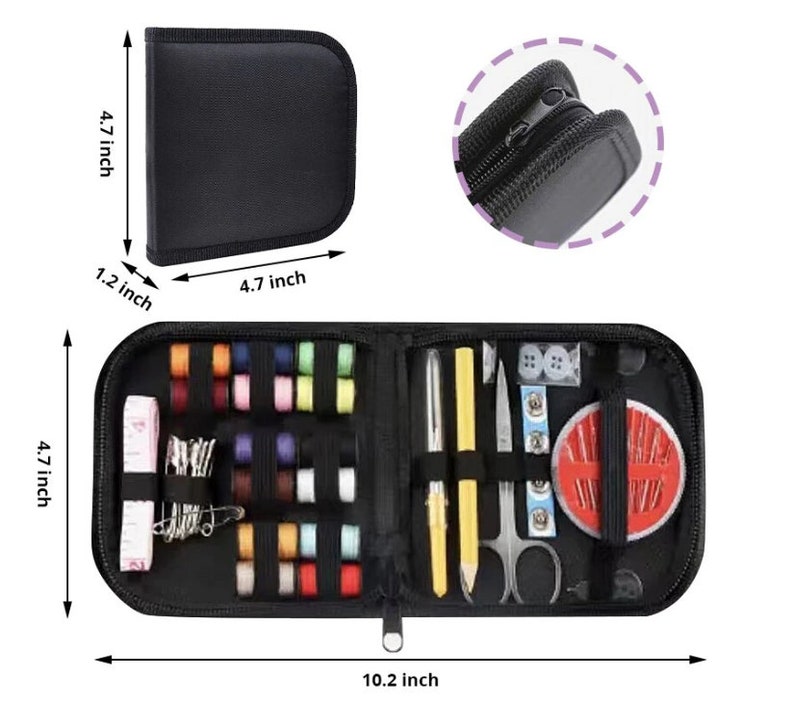 May include: Black zippered sewing kit containing a range of sewing supplies, such as needles, thread, buttons, and a measuring tape. The kit measures 4.7 inches by 4.7 inches by 1.2 inches and 10.2 inches when open.