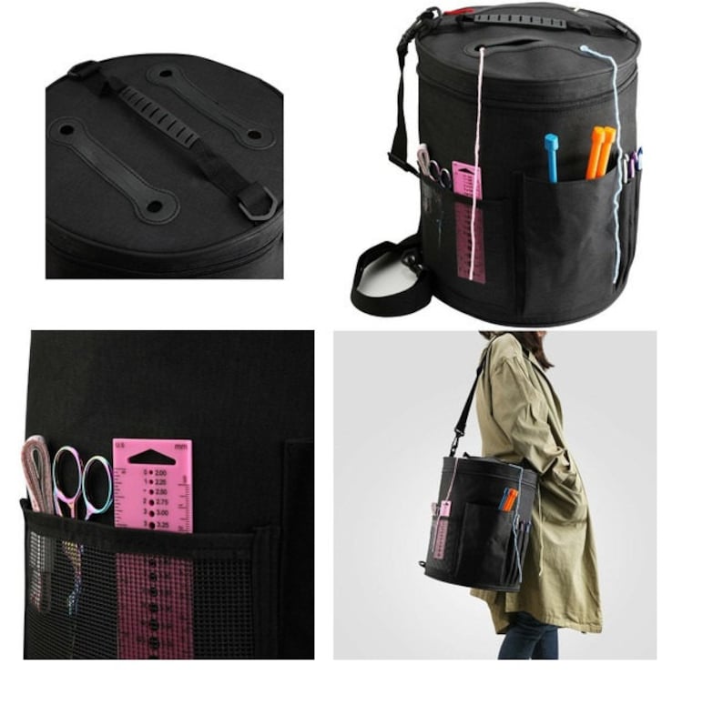 Puede incluir: Bolso de lona negro para hilo de lana con m&uacute;ltiples bolsillos y una parte superior con cremallera. El bolso tiene una correa para el hombro y un asa. El bolso est&aacute; lleno de hilo, agujas y otros suministros de tejido.