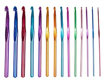 May include: A collection of colorful crochet hooks in various sizes. The hooks are made of metal and have a smooth, shiny finish. The colors include purple, blue, red, teal, gold, orange, green, and pink. The hooks are arranged in a row, with the hook sizes clearly marked.