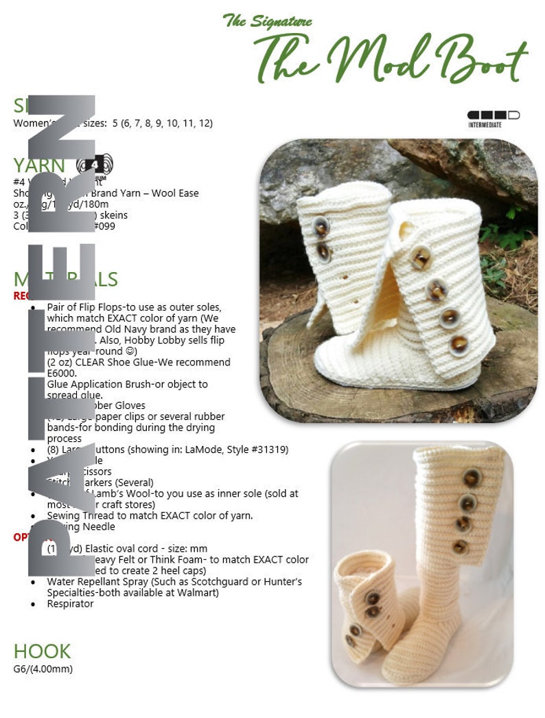 May include: A crochet pattern for a white boot with brown buttons. The pattern includes instructions for sizes 5 to 12 and uses Wool Ease yarn. The pattern is labelled "The Mod Boot" and is rated as intermediate difficulty.