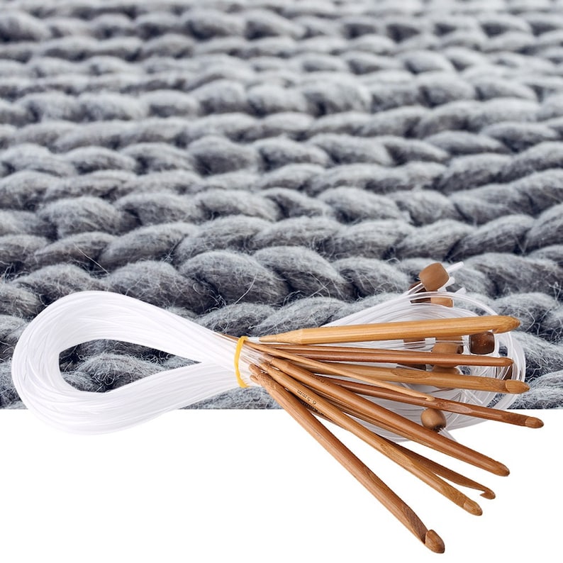 Tunisian Crochet Hook Set on Cable - Includes 12 Long hooks (48"), 3mm-10mm, Extended Afghan Hooks on Cord Lightweight (Bamboo) image 7