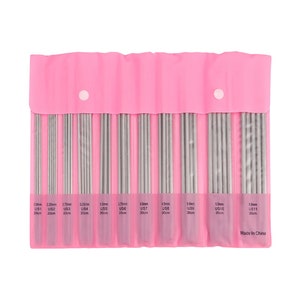May include: A pink zippered pouch containing a set of 11 stainless steel knitting needles. The needles are labeled with their size in millimeters and US size, along with the length in centimeters. The pouch has two white buttons on the top.