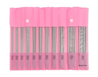 May include: A pink zippered pouch containing a set of 11 stainless steel knitting needles. The needles are labeled with their size in millimeters and US size, along with the length in centimeters. The pouch has two white buttons on the top.