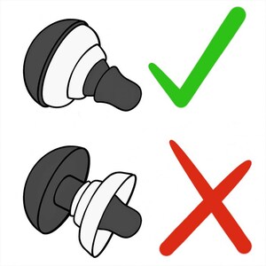 May include: Two illustrations of earplugs. The first earplug is shown with a green checkmark, indicating it is the correct way to wear the earplug. The second earplug is shown with a red X, indicating it is the incorrect way to wear the earplug.