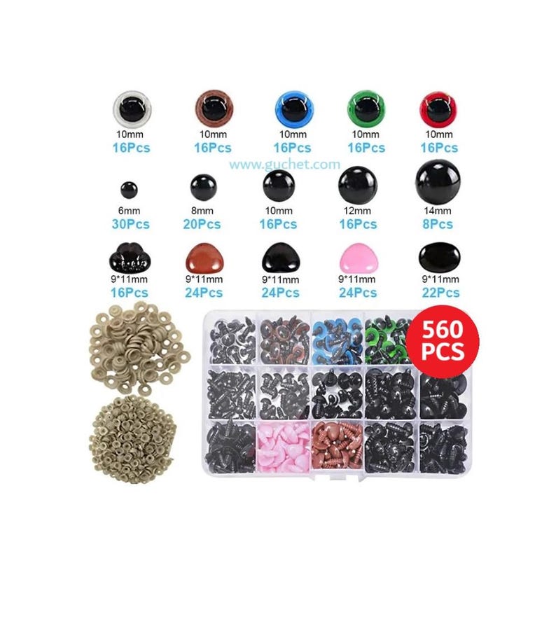 May include: A set of 560 plastic safety eyes in various sizes and colors, including black, brown, blue, green, and red. The eyes come in a clear plastic storage box with a separate compartment for each size and color. The box also includes a bag of 16 beige plastic washers.