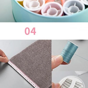 May include: A light blue sewing kit with a variety of colored threads, needles, scissors, and a measuring tape. The kit is organized in a round tin container.