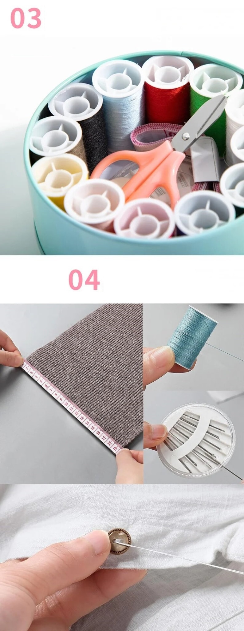 May include: A light blue sewing kit with a variety of colored threads, needles, scissors, and a measuring tape. The kit is organized in a round tin container.