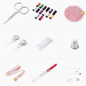 May include: A sewing kit containing a range of tools, including scissors, needles, thread, a thimble, a tape measure, and a needle threader. The kit also features a small container of buttons and a safety pin.