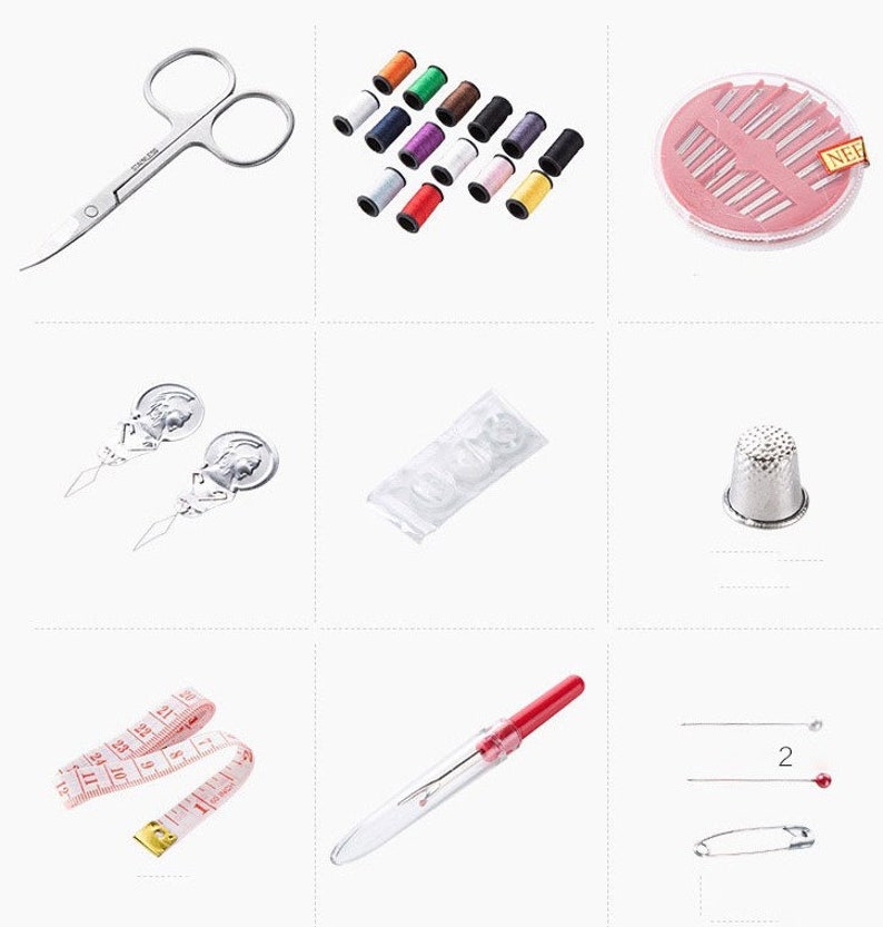 May include: A sewing kit containing a range of tools, including scissors, needles, thread, a thimble, a tape measure, and a needle threader. The kit also features a small container of buttons and a safety pin.