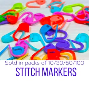 May include: A variety of colorful plastic stitch markers in different shapes and sizes. Sold in packs of 10/30/50/100. STITCH MARKERS