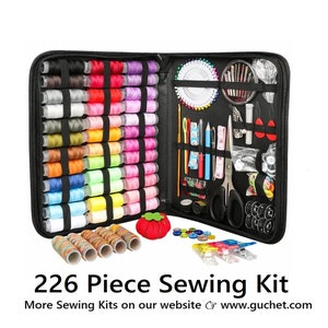 May include: A black zippered sewing kit containing 226 pieces. The kit includes spools of colorful thread, needles, pins, scissors, measuring tape, and buttons. The text on the image reads "226 Piece Sewing Kit".