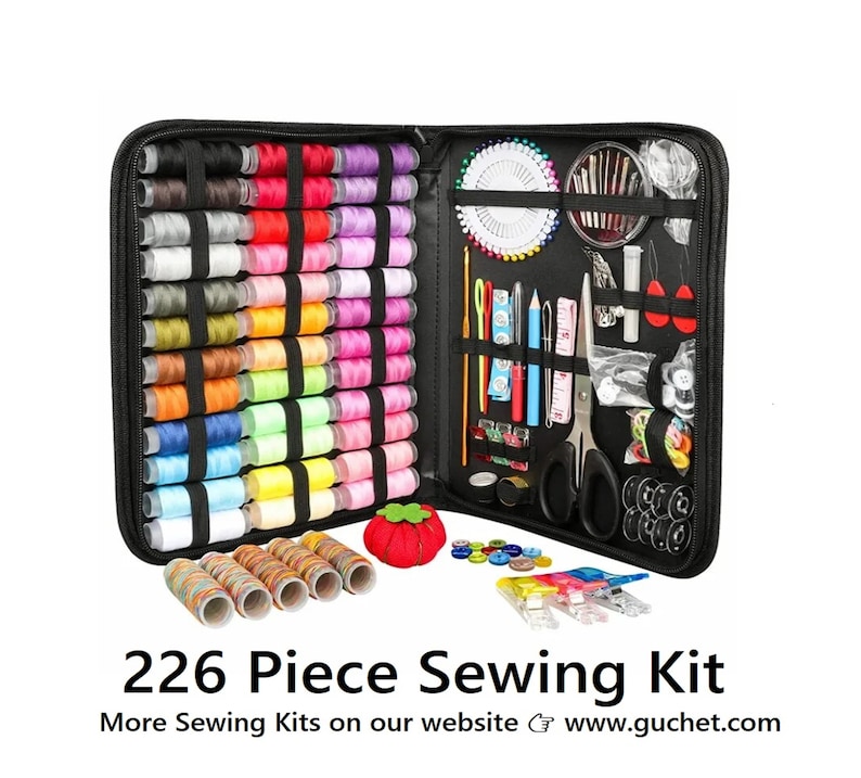 May include: A black zippered sewing kit containing 226 pieces. The kit includes spools of colorful thread, needles, pins, scissors, measuring tape, and buttons. The text on the image reads "226 Piece Sewing Kit".