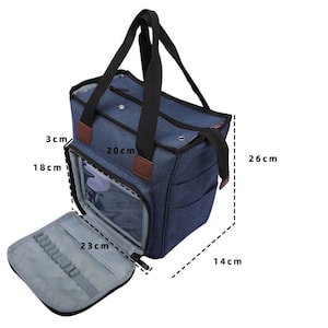 May include: A blue canvas tote bag with a zippered top and a clear plastic window. The bag has a handle and a shoulder strap. The bag measures 26 cm tall, 20 cm wide, and 14 cm deep.