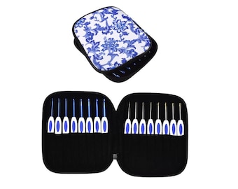 Juego de agujas de crochet: incluye 16 agujas y estuche azul con estampado de cachemira. Agujas de crochet de aluminio, ideal para crochet, regalo de Navidad para crocheters.
