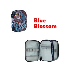 May include: A blue zippered pencil case with a floral pattern. The case is open to reveal a gray interior with multiple slots for pencils and pens. The text "Blue Blossom" is printed in red on a white background.
