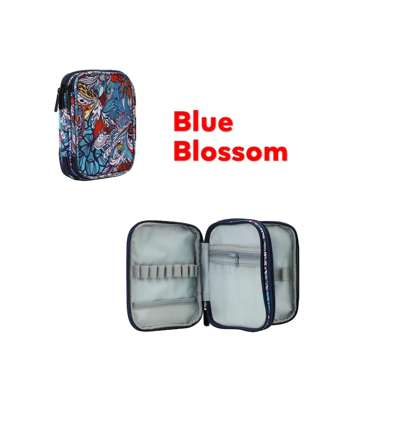 May include: A blue zippered pencil case with a floral pattern. The case is open to reveal a gray interior with multiple slots for pencils and pens. The text "Blue Blossom" is printed in red on a white background.