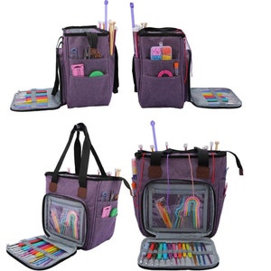 May include: Purple knitting bag with multiple pockets and compartments for storing knitting needles, yarn, and other accessories. The bag has a zippered closure and a handle for carrying.