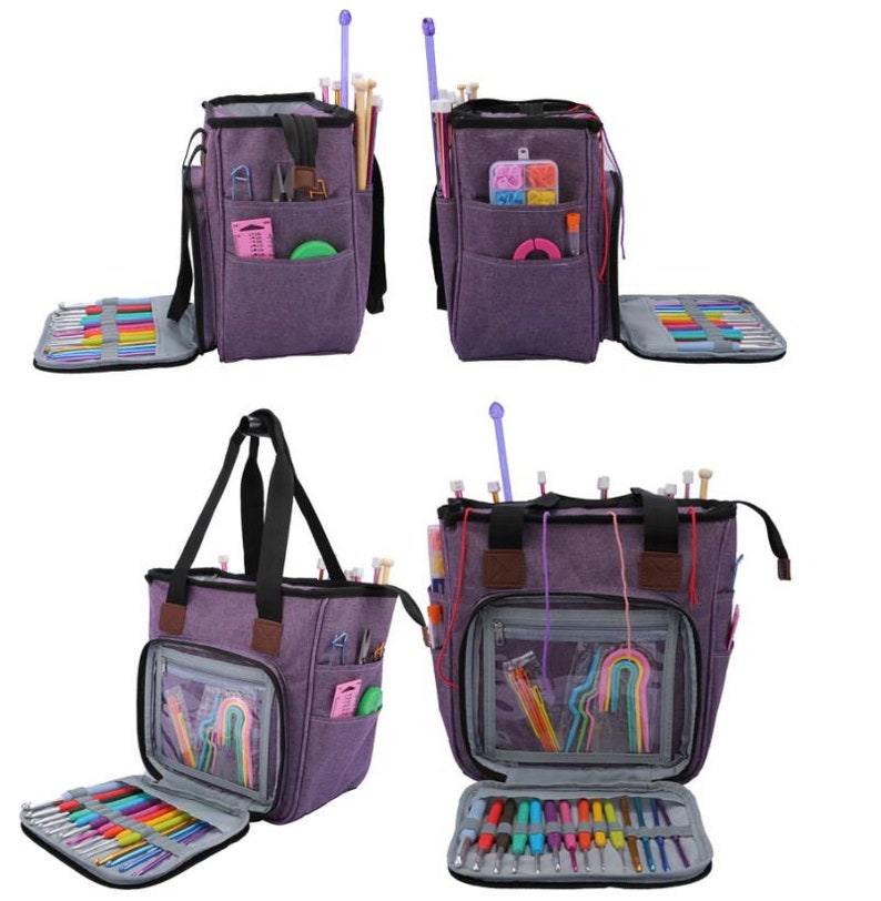 May include: Purple knitting bag with multiple pockets and compartments for storing knitting needles, yarn, and other accessories. The bag has a zippered closure and a handle for carrying.