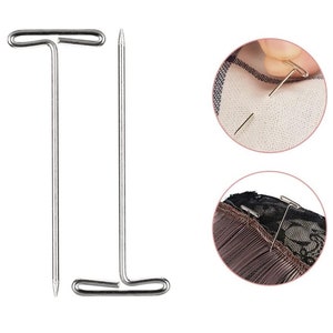 May include: Two silver-colored T-pins and a straight pin are displayed on a white background. The T-pins have a T-shaped head and a sharp point. Two close-up images show the pins being used to secure fabric and hair extensions.