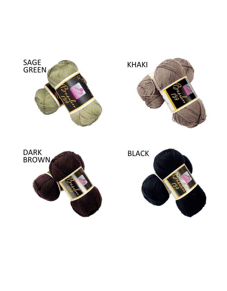 Puede incluir: Cuatro ovillos de hilo en diferentes colores: verde salvia, caqui, marr&oacute;n oscuro y negro. Cada ovillo tiene una etiqueta que dice "Babilon 139".