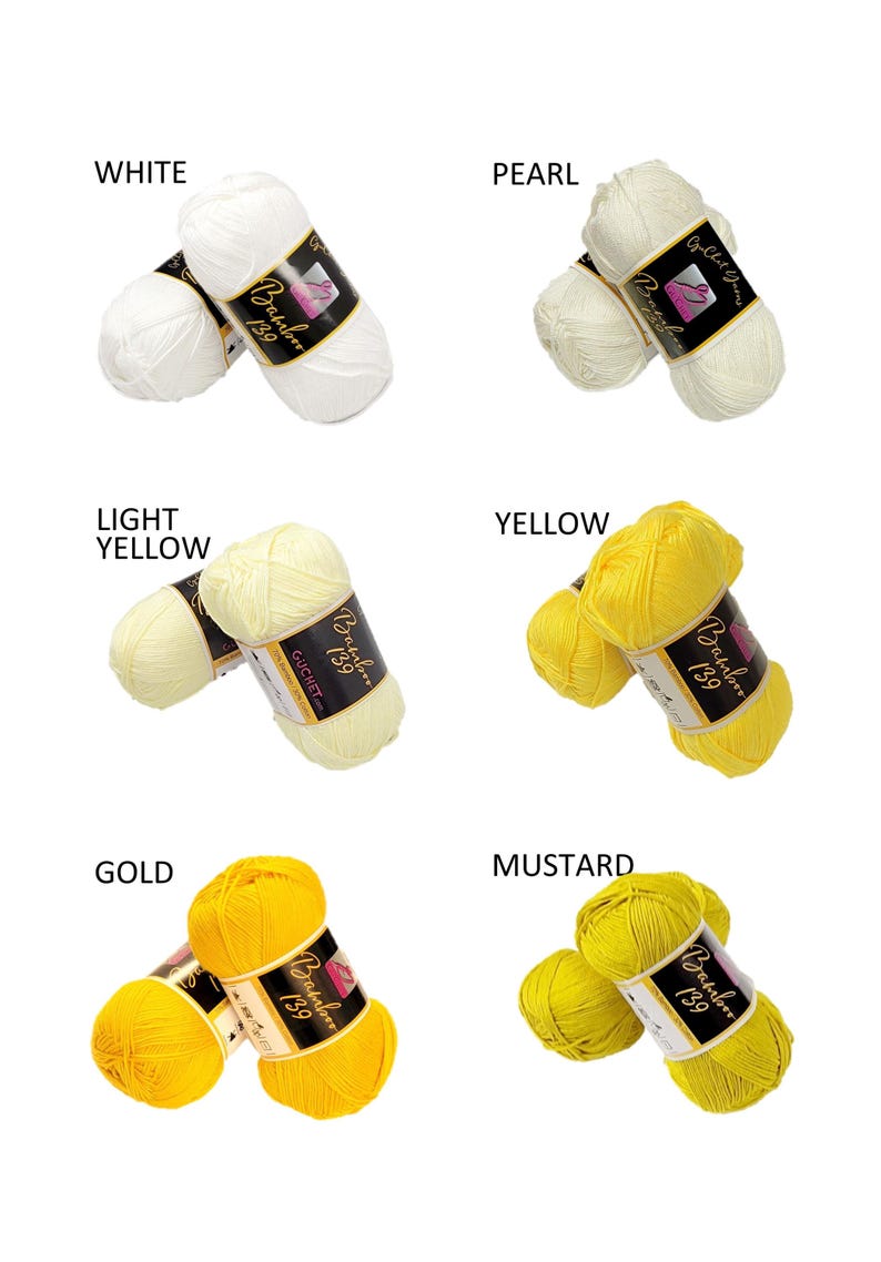 Puede incluir: Seis ovillos de hilo en varios tonos de amarillo y blanco. El hilo est&aacute; etiquetado como "Bamber 139" y est&aacute; dispuesto en pares. Los colores son blanco, perla, amarillo claro, amarillo, dorado y mostaza.