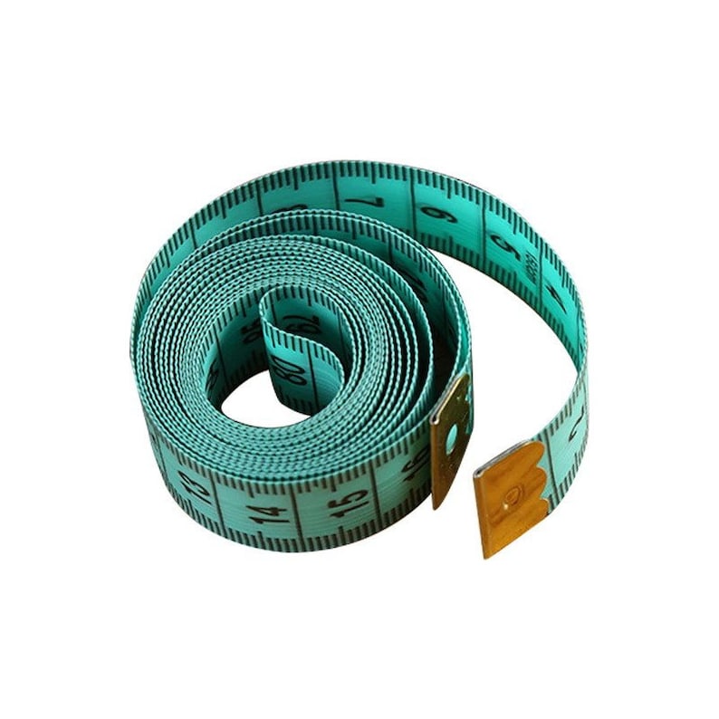 May include: A turquoise measuring tape with black numbers, rolled up and secured with a gold metal clasp.