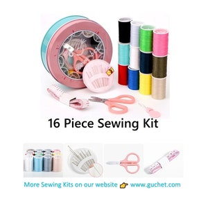 May include: A 16 piece sewing kit in a pink and blue tin with a clear lid. The kit includes needles, thread, scissors, and a tape measure. The tin has the words "sewing box" on it.