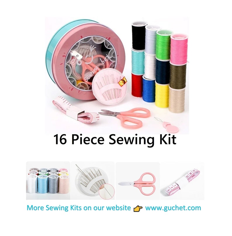 May include: A 16 piece sewing kit in a pink and blue tin with a clear lid. The kit includes needles, thread, scissors, and a tape measure. The tin has the words "sewing box" on it.