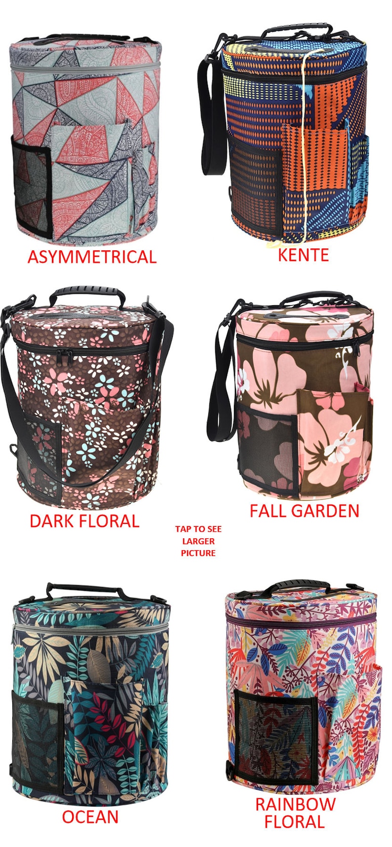 Puede incluir: Seis bolsas diferentes para cuencos de hilo con varios patrones coloridos. Las bolsas est&aacute;n hechas de tela y tienen un cierre de cremallera. Cada bolsa tiene un bolsillo de malla en el lateral y un asa en la parte superior. Los patrones incluyen formas geom&eacute;tricas, flores y hojas.