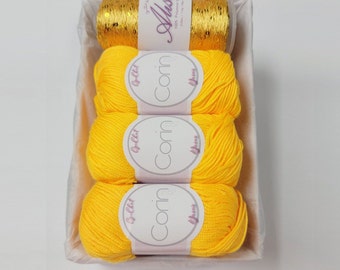 Yarn Gift Set - Silk/Cashmere & Sequins Yarn - Gift for Yarn Lover, Silk Yarn, Gift for Knitter, Yarn for Wedding Dress, DARK YELLOW