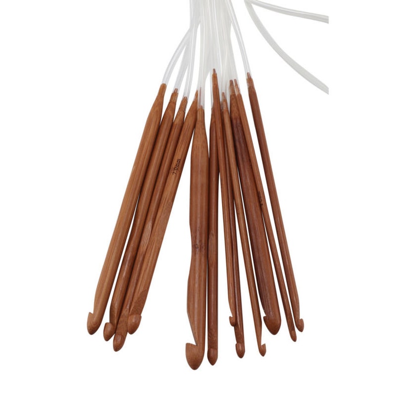 Tunisian Crochet Hook Set on Cable - Includes 12 Long hooks (48"), 3mm-10mm, Extended Afghan Hooks on Cord Lightweight (Bamboo) image 5