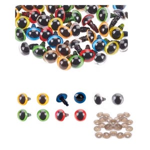 May include: Assortment of colorful plastic safety eyes with black pupils and a screw back. The eyes come in a variety of sizes and colors, including yellow, red, green, blue, and brown. There are also clear plastic washers included.