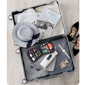 May include: An open suitcase packed with travel essentials, including a hat, sunglasses, a white thermal bottle, a small black sewing kit, a watch, and a bottle of perfume. The suitcase is on a wooden floor.