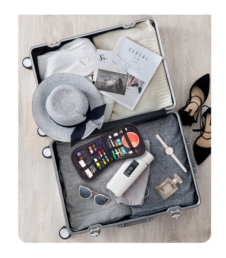 May include: An open suitcase packed with travel essentials, including a hat, sunglasses, a white thermal bottle, a small black sewing kit, a watch, and a bottle of perfume. The suitcase is on a wooden floor.