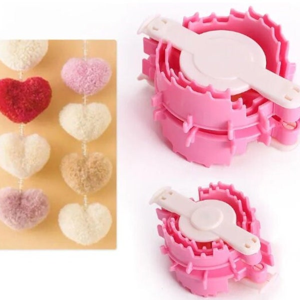 Heart Shaped PomPom Maker, DIY PomPom Kit, Kit inclues 2 different sizes, Make your Own PomPom's, Heart Version, Yarn, GuChet yarn.