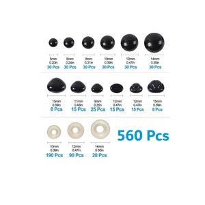 May include: Assortment of black and white plastic safety eyes for crafts. The set includes 10 sizes ranging from 5mm to 15mm in diameter.  The package contains 560 pieces in total.