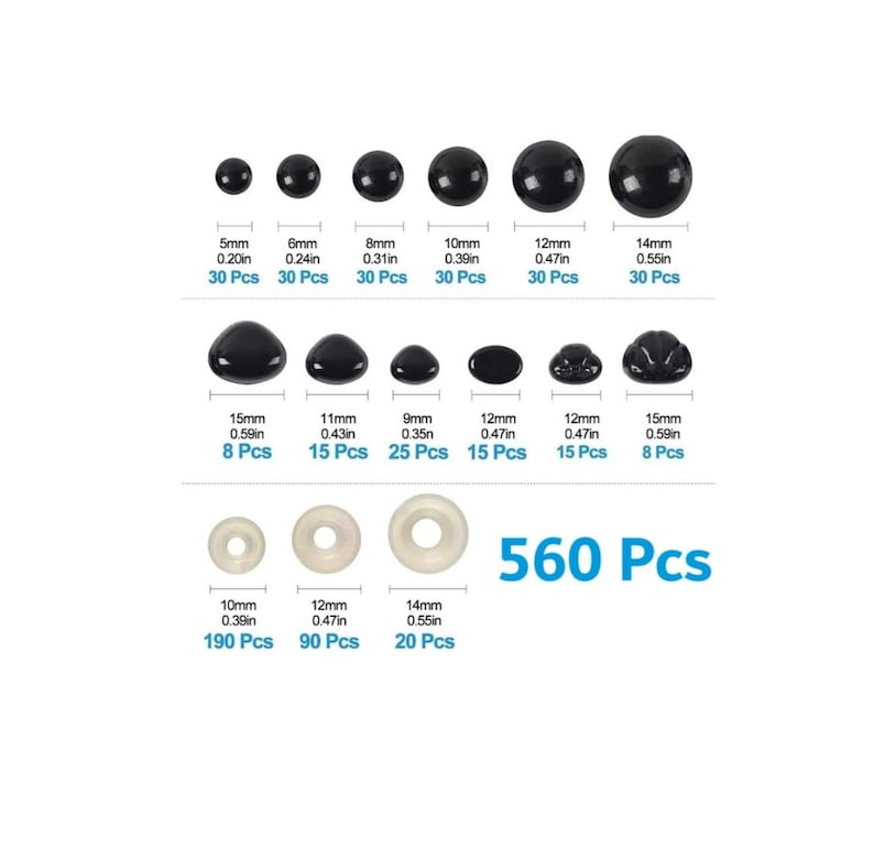 May include: Assortment of black and white plastic safety eyes for crafts. The set includes 10 sizes ranging from 5mm to 15mm in diameter.  The package contains 560 pieces in total.