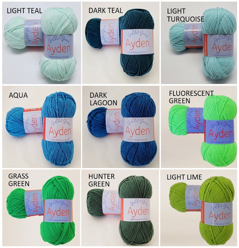 Op de afbeelding: Een raster van negen garenbollen in verschillende kleuren, waaronder lichtblauwgroen, donkerblauwgroen, licht turquoise, aqua, donkere lagune, fluorescerend groen, grasgroen, jagergroen en licht limoengroen. Elke bol heeft een label met "Ayden" en "100% Premium Acrylic."