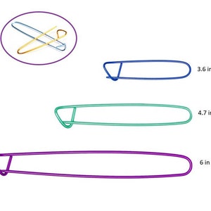 May include: A collection of colorful knitting stitch holders in blue, green, and purple. The image shows three stitch holders measuring 3.6 inches, 4.7 inches, and 6 inches long. A smaller image shows two stitch holders in gold and blue.