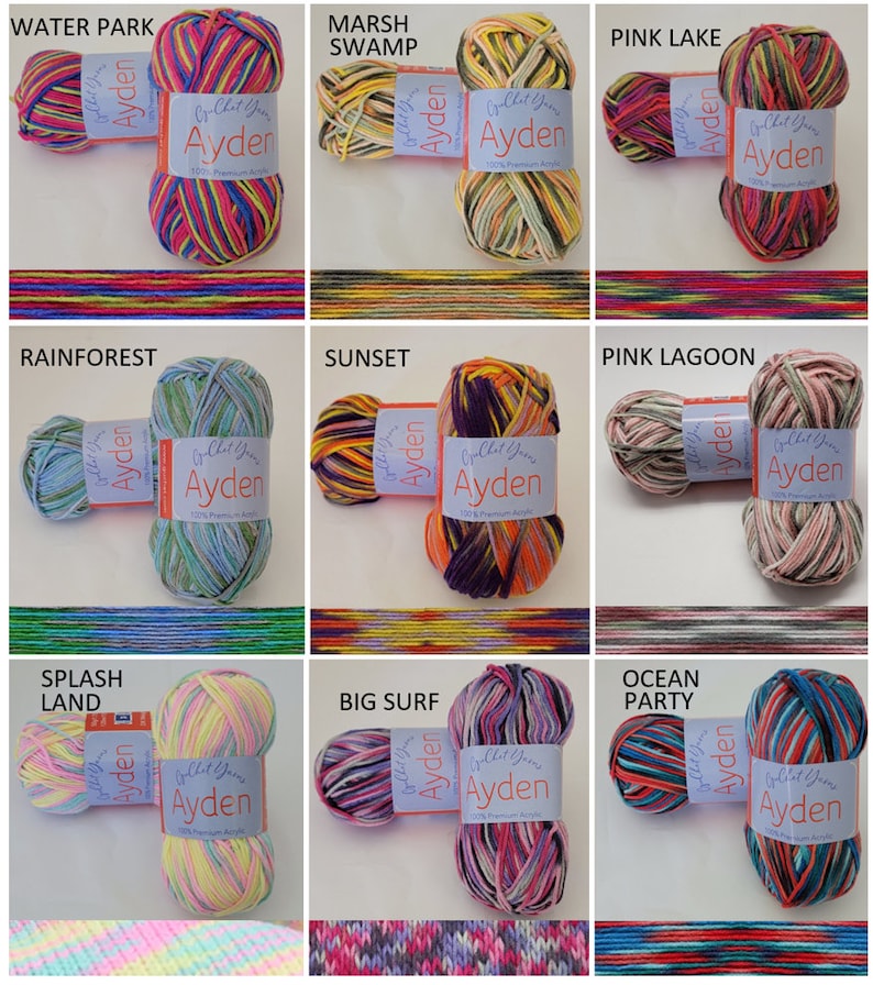 Op de afbeelding: Negen strengen Ayden-garen in diverse kleurencombinaties. Elke streng heeft een label met de merknaam en "100% Premium Acrylic". De kleurstijlen omvatten "Water Park", "Marsh Swamp", "Pink Lake", "Rainforest", "Sunset", "Pink Lagoon", "Splash Land", "Big Surf" en "Ocean Party".