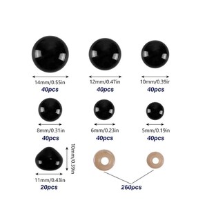 May include: Assortment of black and beige plastic safety eyes for crafts. The eyes come in various sizes, ranging from 5mm to 14mm, and are sold in packs of 40 or 20. The image shows the different sizes and quantities of each eye.