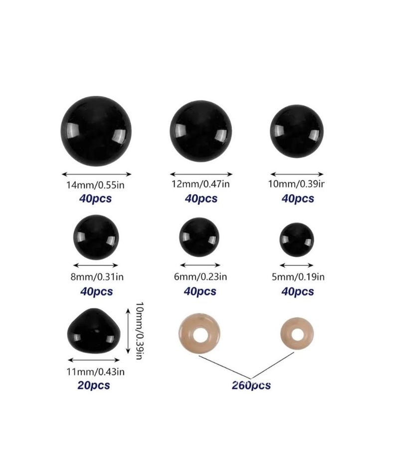 May include: Assortment of black and beige plastic safety eyes for crafts. The eyes come in various sizes, ranging from 5mm to 14mm, and are sold in packs of 40 or 20. The image shows the different sizes and quantities of each eye.