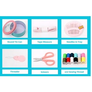 May include: A sewing kit with a round tin can, tape measure, needles in a tray, a threader, scissors, and 12 spools of sewing thread.