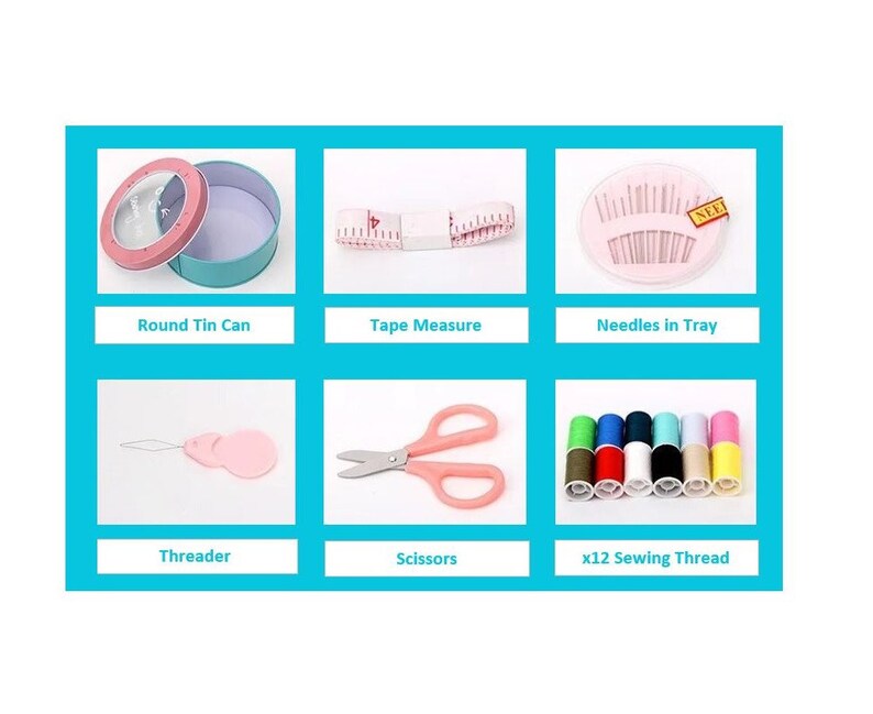 May include: A sewing kit with a round tin can, tape measure, needles in a tray, a threader, scissors, and 12 spools of sewing thread.