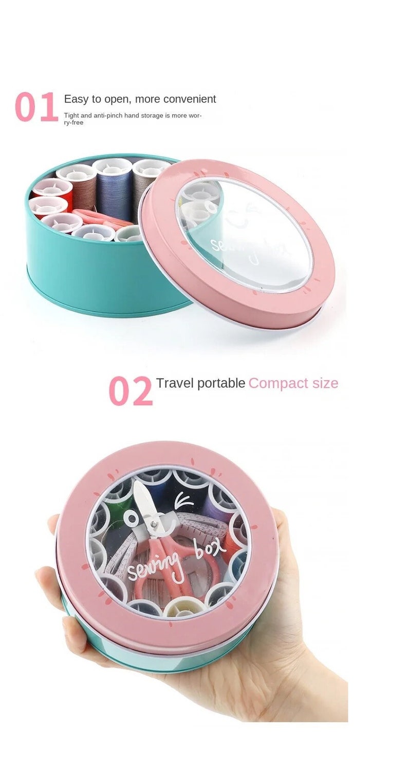 May include: A pink and teal sewing box with a clear lid. The box is filled with spools of thread, needles, and other sewing supplies. The box is labeled "Sewing box".